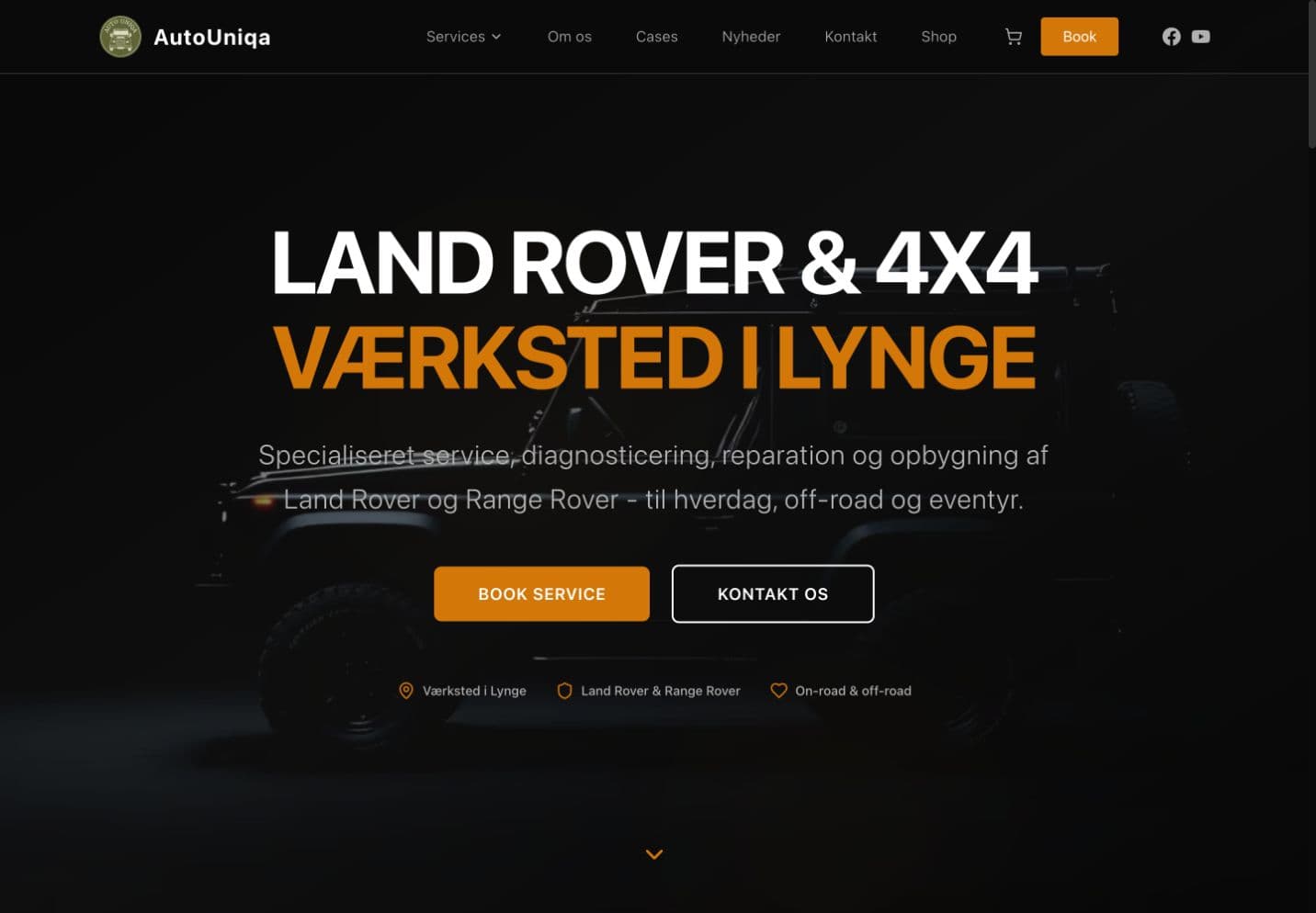 AutoUniqas website med Land Rover-værksted og booking